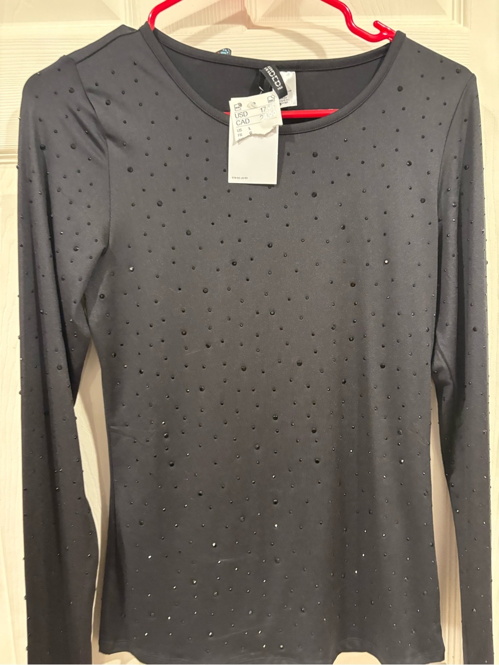Black Long-Sleeve Crewneck Top with Stud Detail